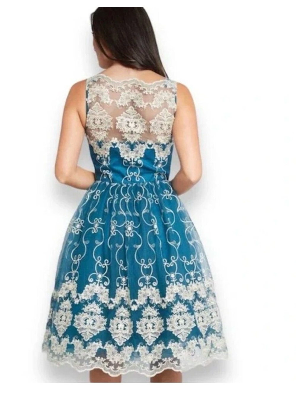 Chi Chi London Sleeveless Reign or Shine Teal Metallic Lace Dress Size 10 Lined - Picture 2 of 14
